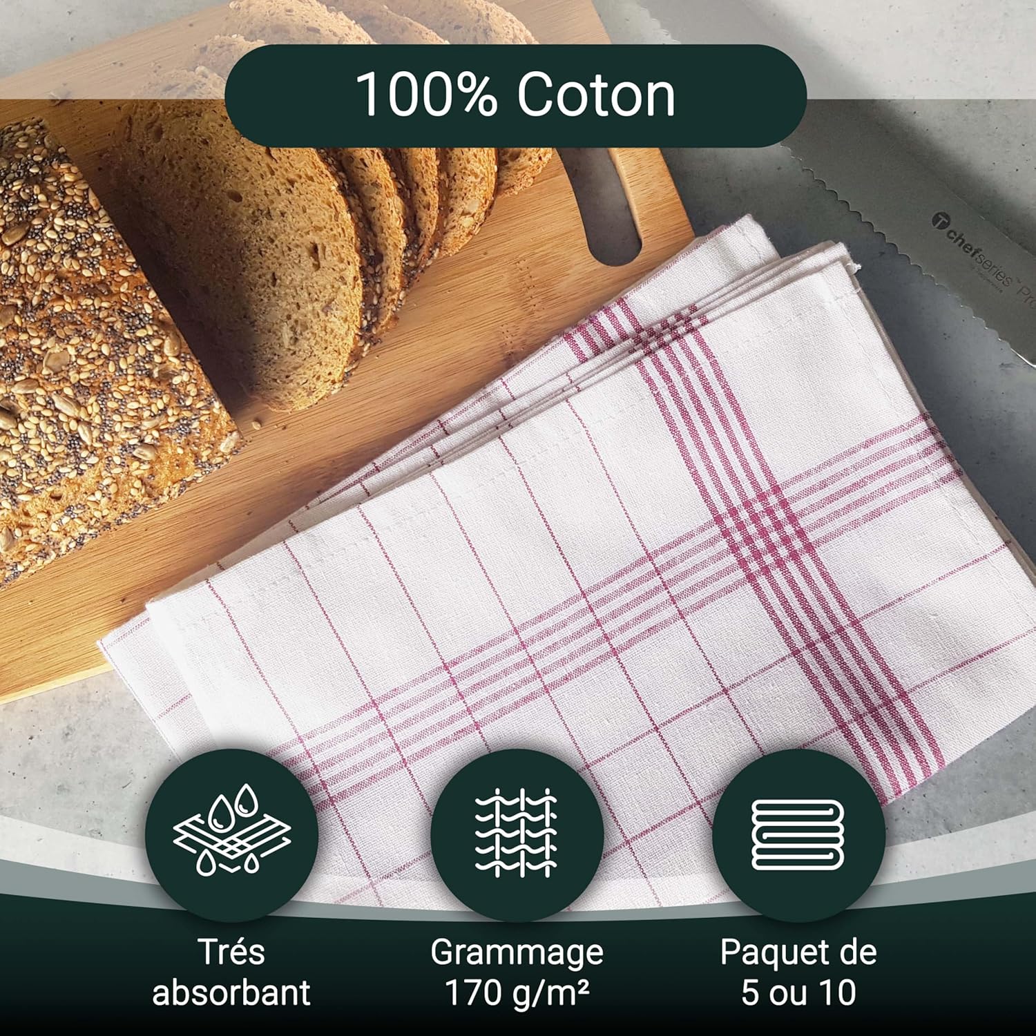 ZOLLNER - set torchons cuisine, coton, 50x70 cm, carreaux rouges