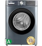 Plans de l'intérieur d'une machine à laver gris foncé montrant le tambour et la porte, mettant en évidence les caractéristiques et la capacité avec indication de la cote énergétique.