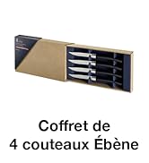 Ensemble de quatre couteaux à steak avec manches foncés dans une élégante boîte de présentation dorée et bleu marine. « Coffret de 4 couteaux Ébène » écrit ci-dessous.