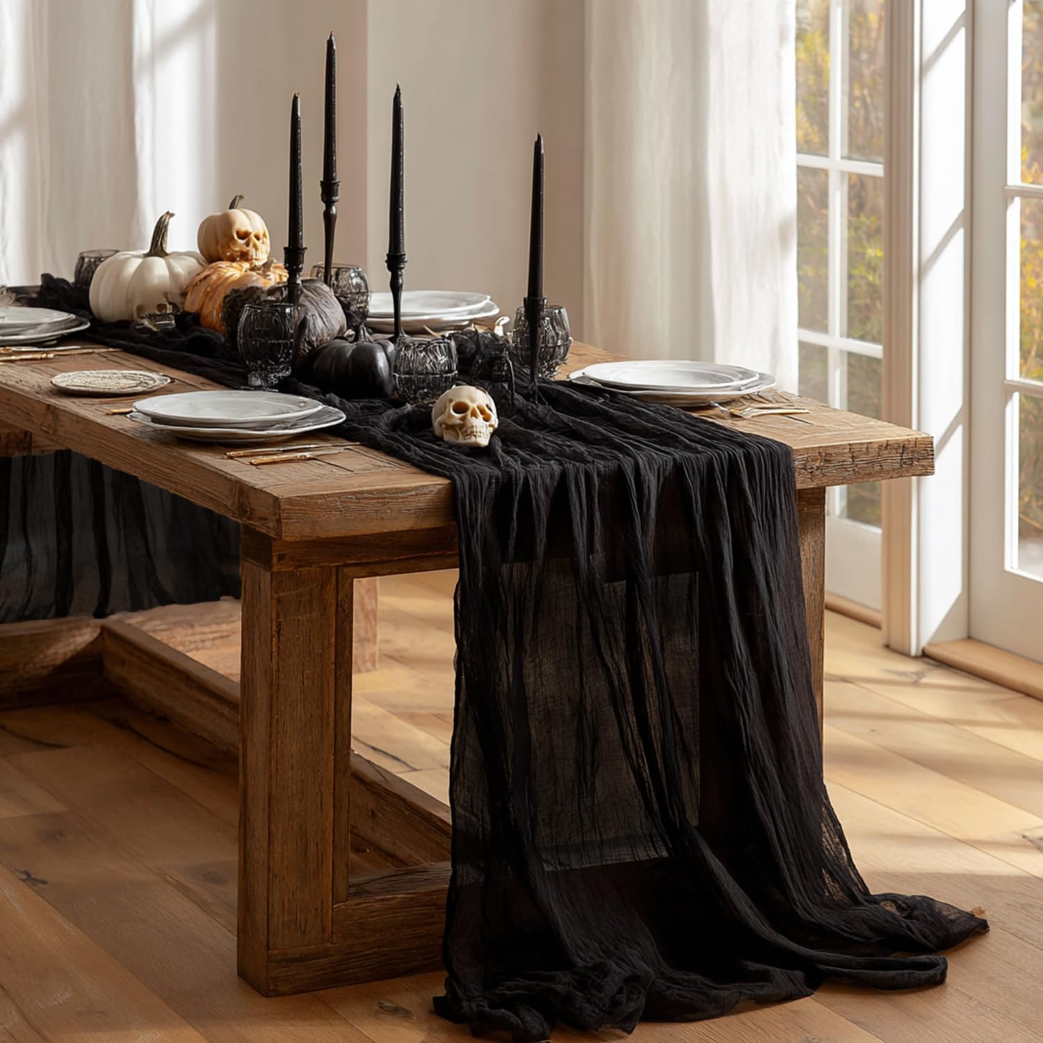 Artoid Mode - Chemins de table bohème noir - 300 cm - mousseline gaze, déco mariage/fête