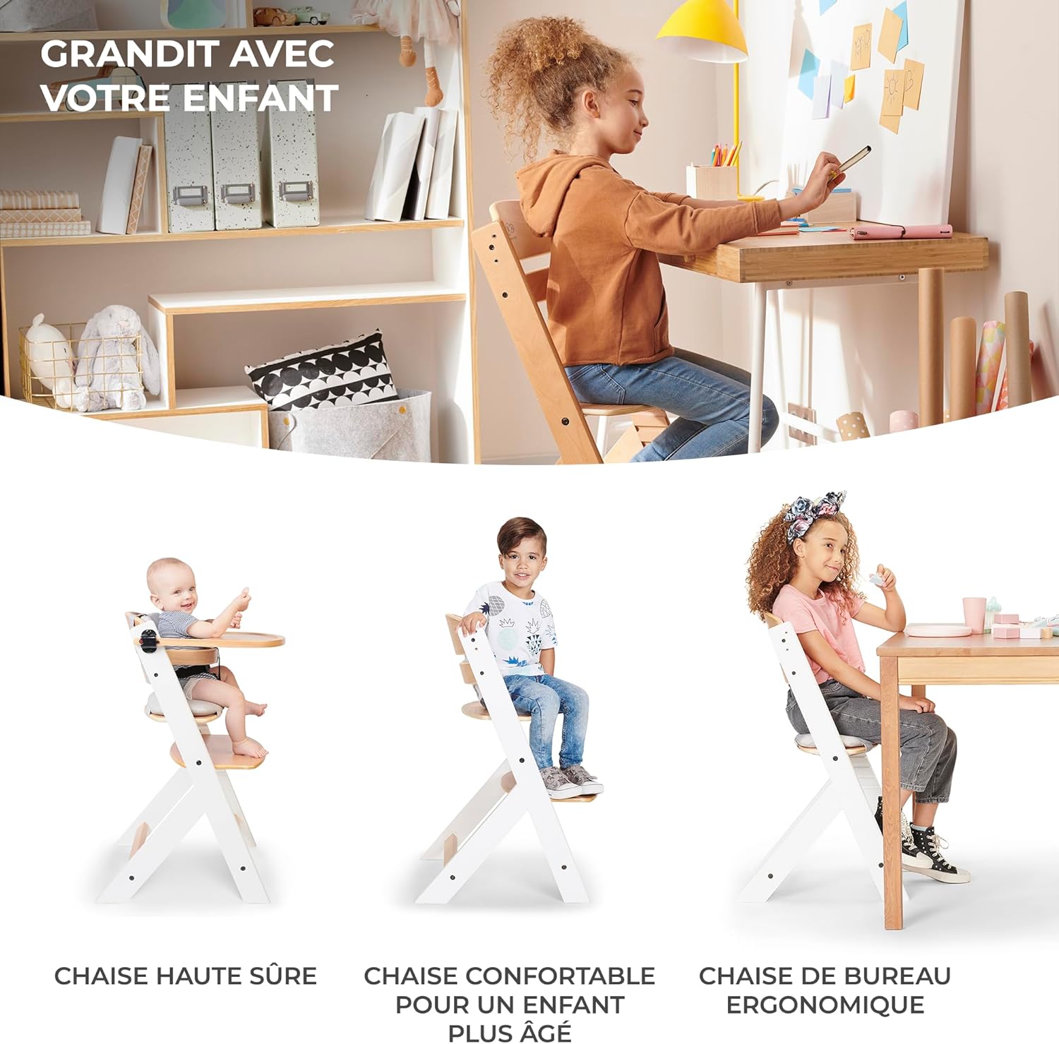 Kinderkraft - Chaise haute ENOCK - bois naturel évolutif réglable, 3 en 1