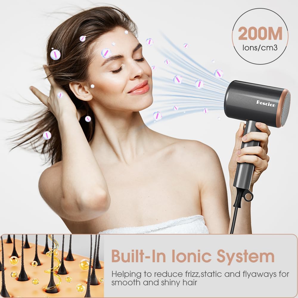 Sèche-cheveux ionique - 2400W compact - 3 vitesses, 3 températures, accessoires, sac de rangement