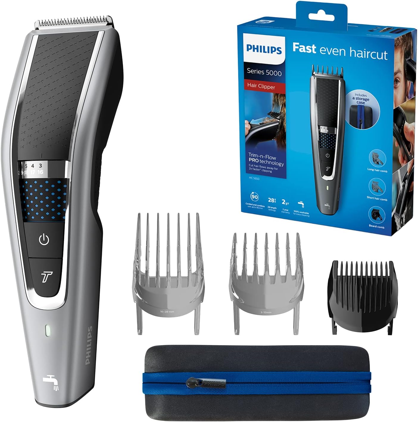 Philips - Série 5000 - tondeuse cheveux lavable, Trim-n-Flow Pro - HC5650/15