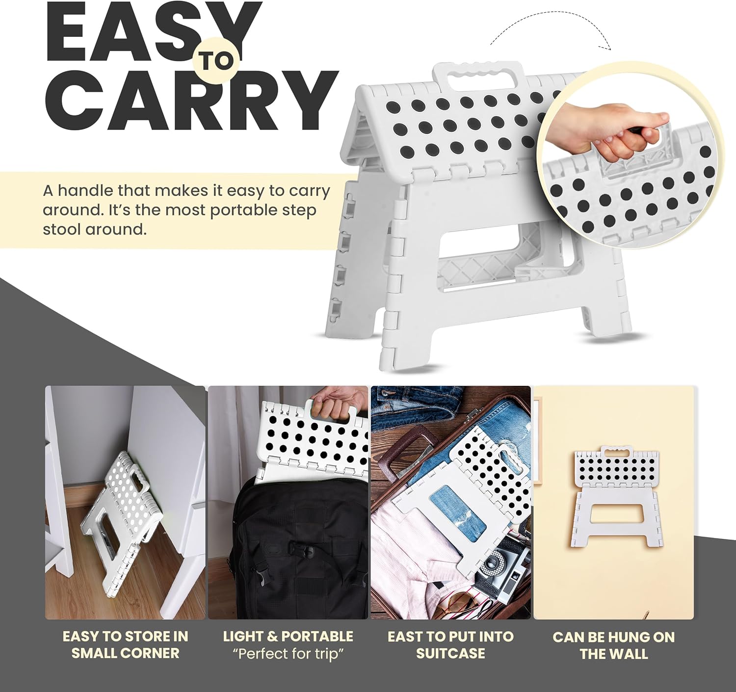 Utopia Home - Tabouret pliant 23 cm - surface antidérapante, portable, 272 kg, blanc