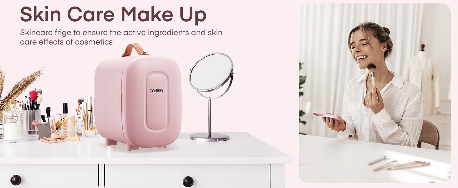 Le texte indique « Skin Care Make Up ». Collection de produits de beauté et de soins de la peau sur le thème du rose, organisés en plusieurs panneaux montrant l'application et l'utilisation.