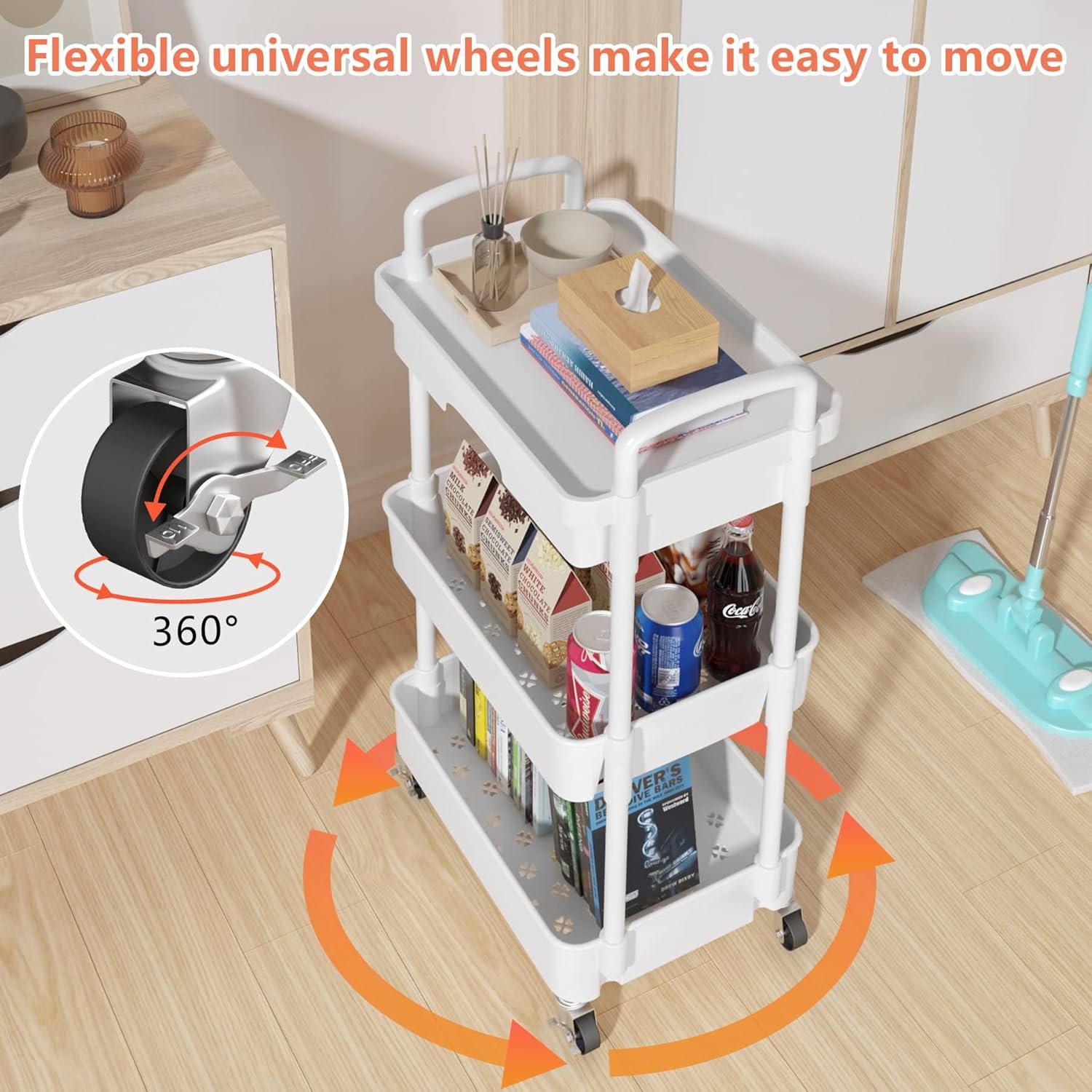 Chariot de rangement - 3/4 niveaux, plastique, tiroirs, à roulettes, compact