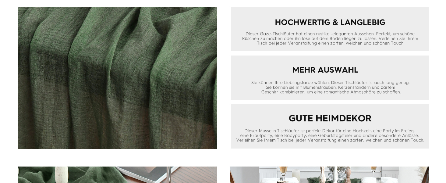 Gros plan sur un tissu texturé vert, peut-être un rembourrage. Vue partielle du texte en allemand mentionnant « Hochwertig » (