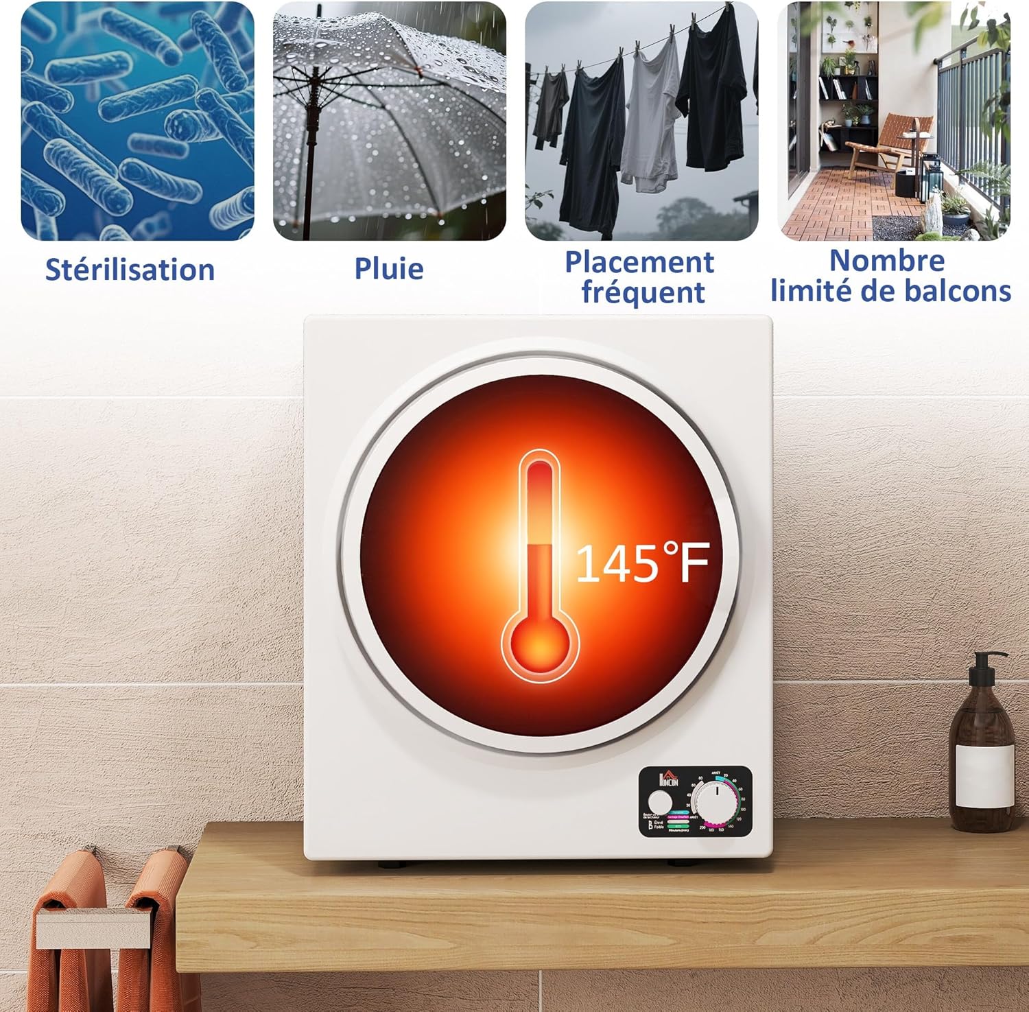 HOMCOM - sèche-linge portable 2,5kg - 850W, 4 modes, mural