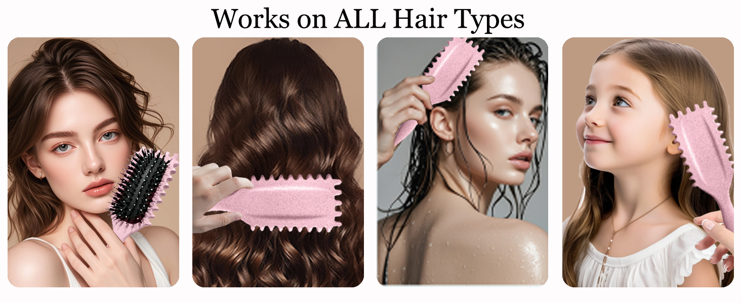 présentée sur différents types de cheveux. Quatre panneaux montrent la brosse utilisée sur les cheveux longs, courts, bouclés et raides, illustrant ainsi sa polyvalence