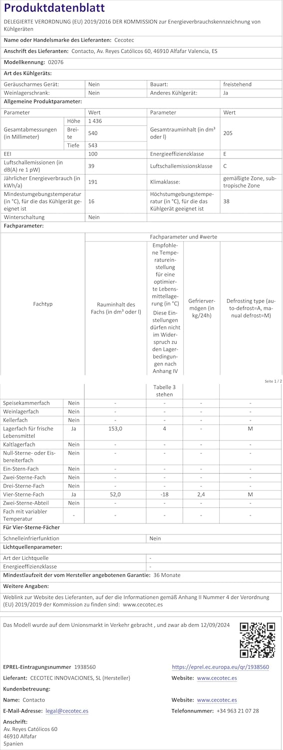 Cecotec - Bolero CoolMarket Combi - 169cm, 117L, Fast Cooling, classe E, 205 DF