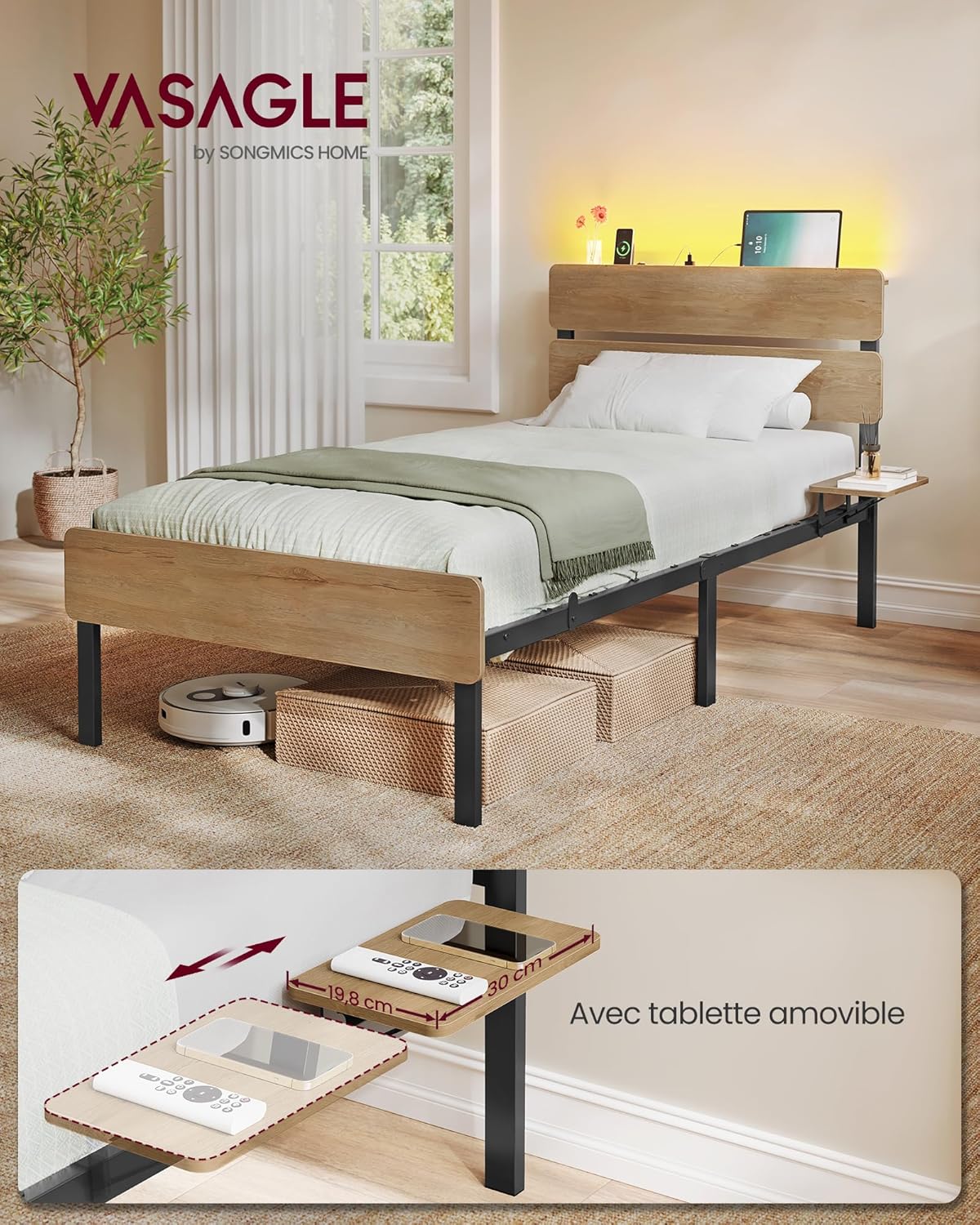 VASAGLE - lit 1 personne - 90x190 cm - LED, USB/Type-C, rangement, style industriel, RMB101K01