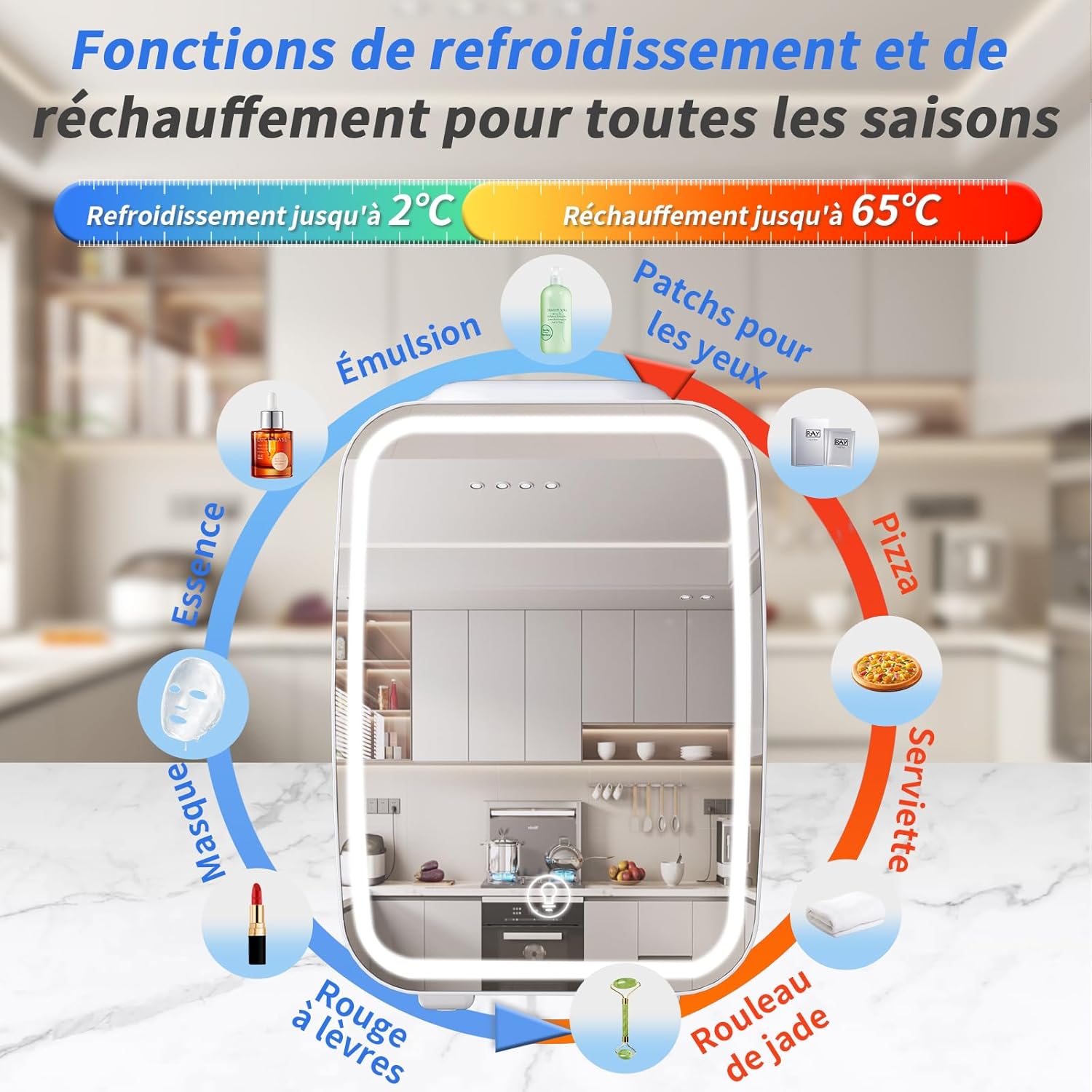 YASHE - Mini frigo 4L - LED miroir, chauffe/refroidit, portable, 220V/12V