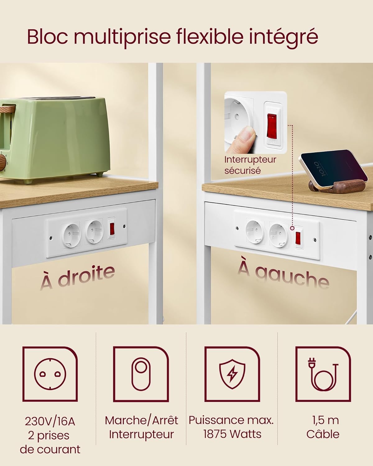 VASAGLE - étagère cuisine bar café 40x60x140cm 4 niveaux multiprise KKS014Y02