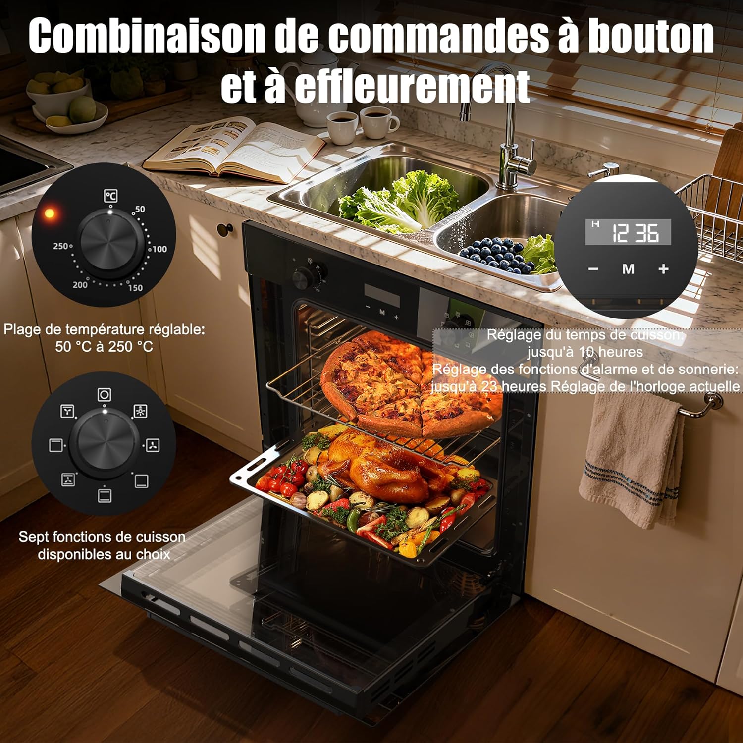 Four encastrable - 60 cm - 60L, 2000W, 7 fonctions, minuterie 10h