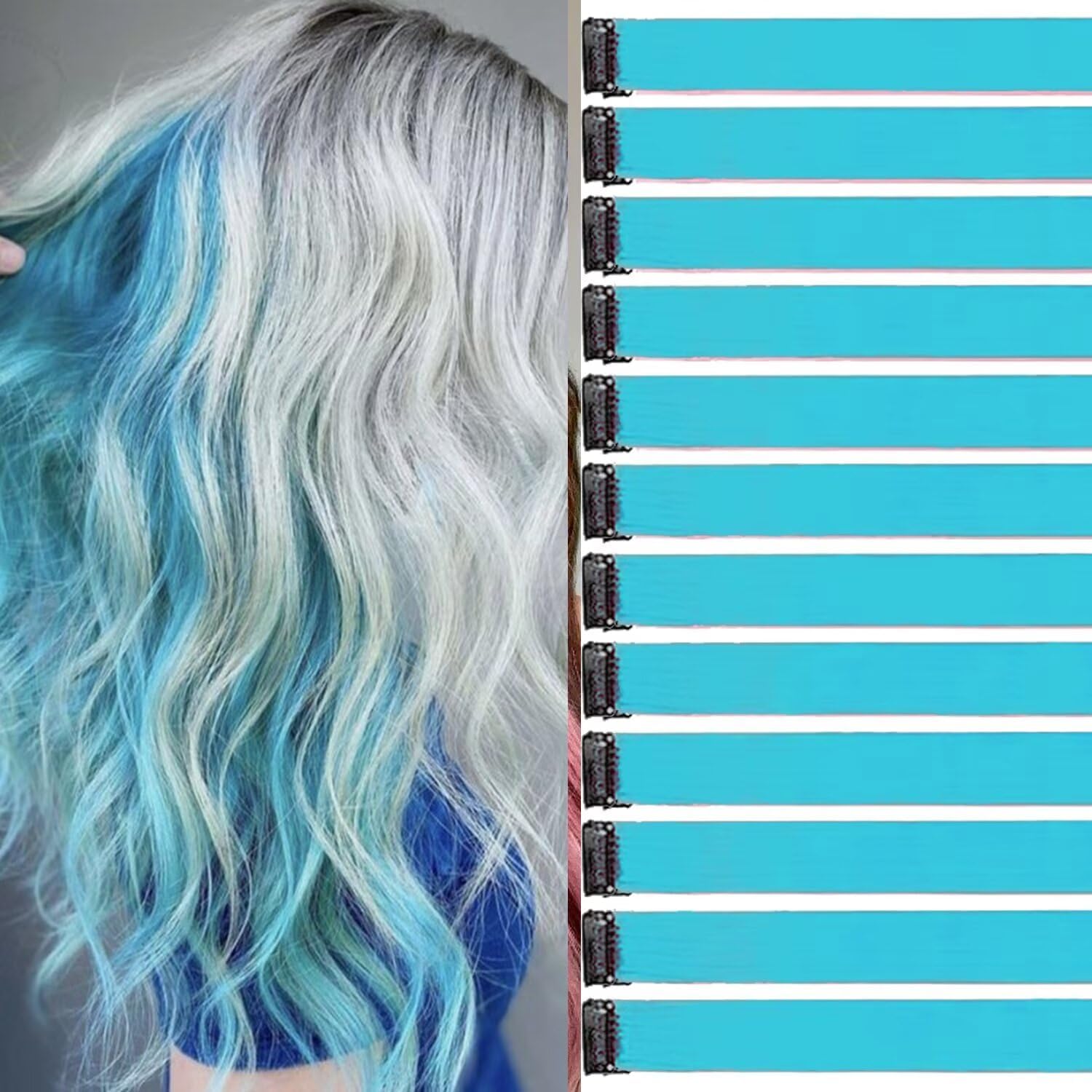 Mèches de cheveux - lot de 12, bleu menthe, 55cm, tresses enfants