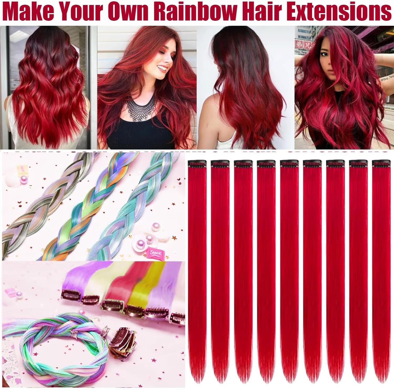 Mèches à clipser - extension rouge - 55 cm - lot de 12, accessoires enfants