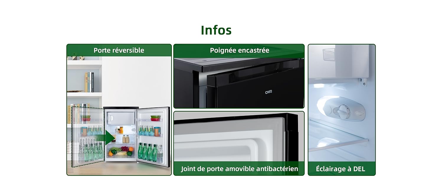 Image à trois panneaux des caractéristiques du réfrigérateur : porte réversible, étagères réglables et éclairage LED. Des étiquettes vertes décrivent chaque caractéristique.