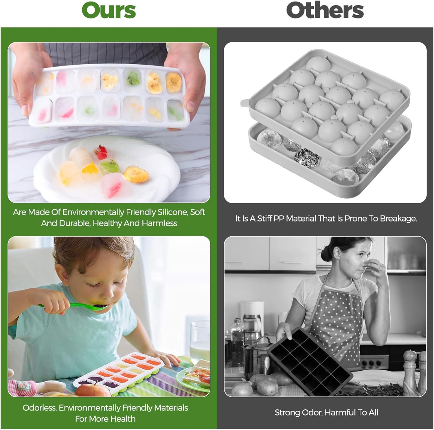 Bac à glaçons silicone - 4 pièces, couvercle, LFGB, sans BPA, facile à démouler