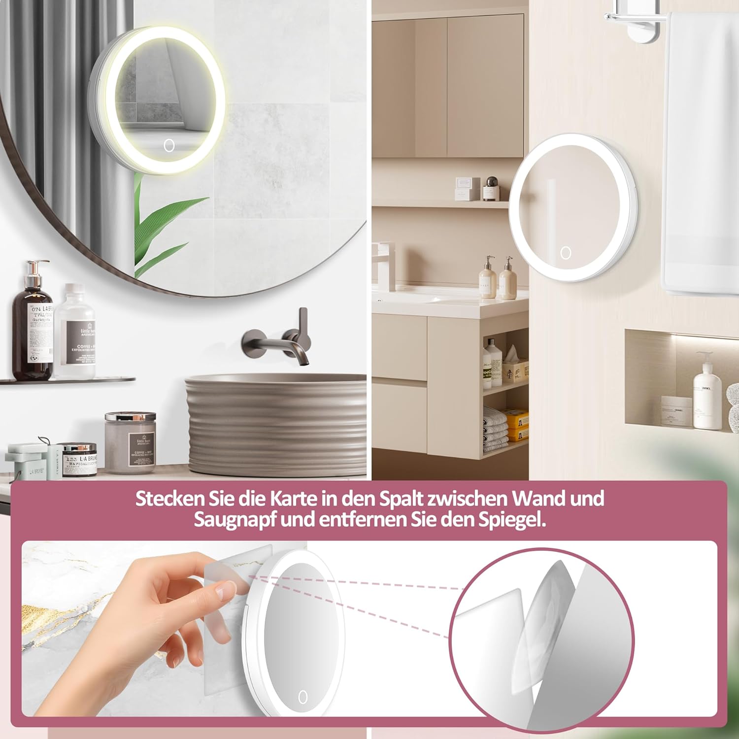 Miroir grossissant - 30x, éclairage à intensité variable, ventouse, couleurs multiples, format table ou mural