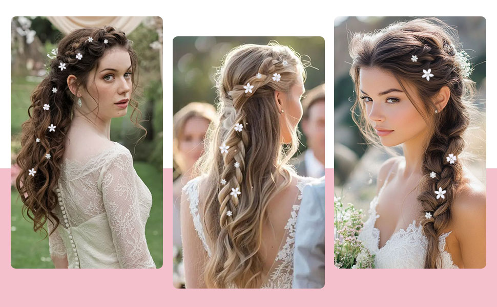 Image à trois panneaux présentant des coiffures de mariée mettant en vedette des cheveux longs et coiffés avec des accessoires floraux et en cristal dans un cadre extérieur naturel.