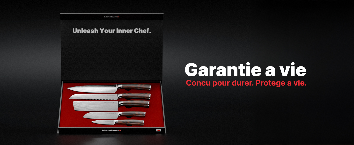 Le texte indique « Garantie a vie » et « Libérez le chef qui sommeille en vous ». Ensemble de couteaux professionnels affiché sur fond noir avec un éclairage spectaculaire.