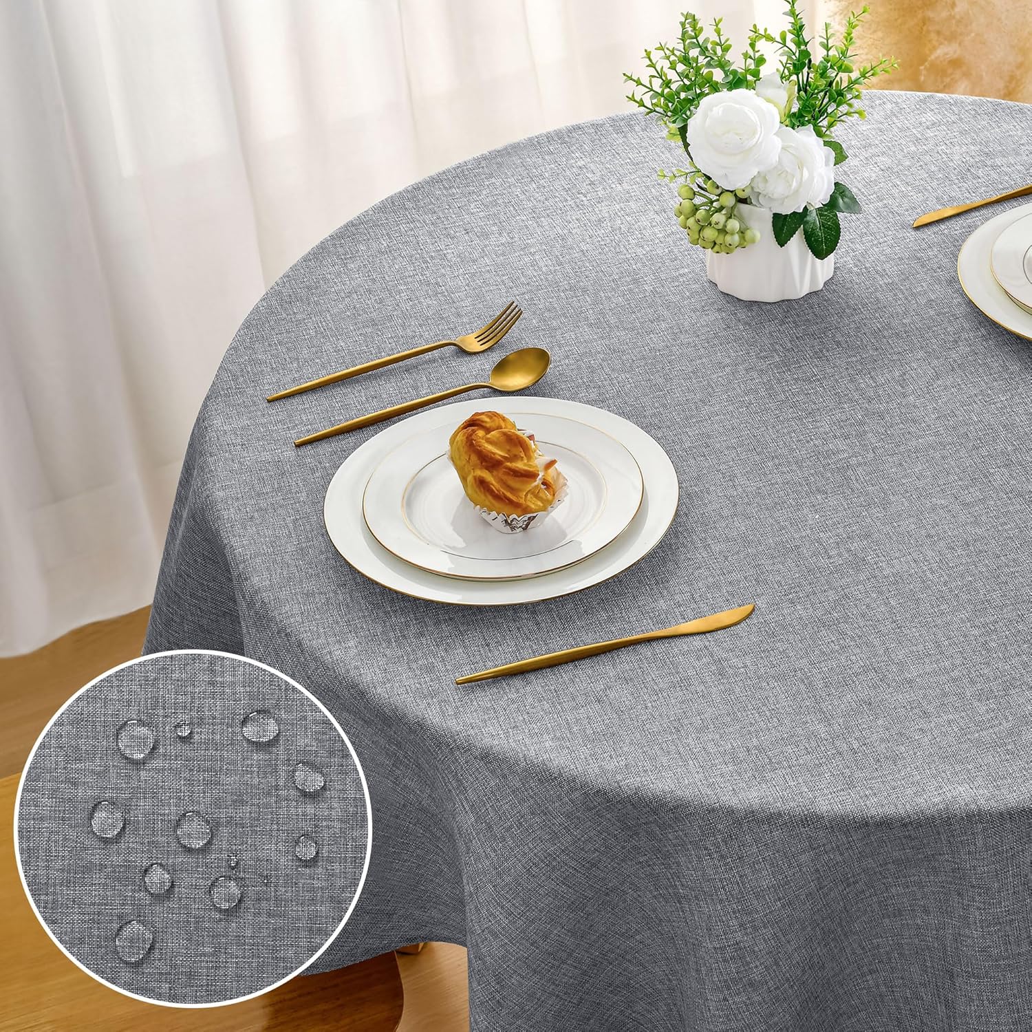 DWCN - effet lin - 140 cm rond - lavable, imperméable, anti-tache