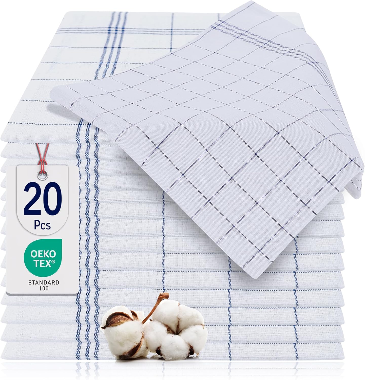 BARBONS - Lot 20 torchons à carreaux 50x70 cm - coton Oeko-TEX, bleu