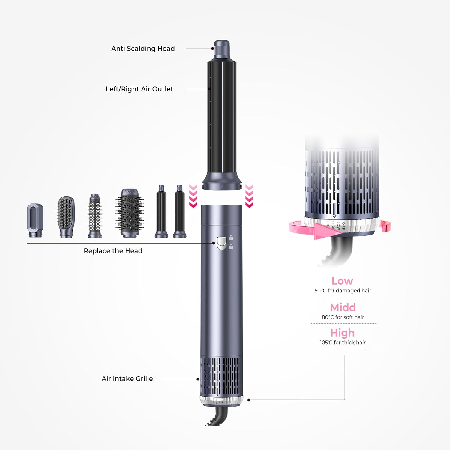 Air Styler Pro - Magic Hair Styler 6 en 1 - 1000W - Brosse soufflante, boucleur, brushing