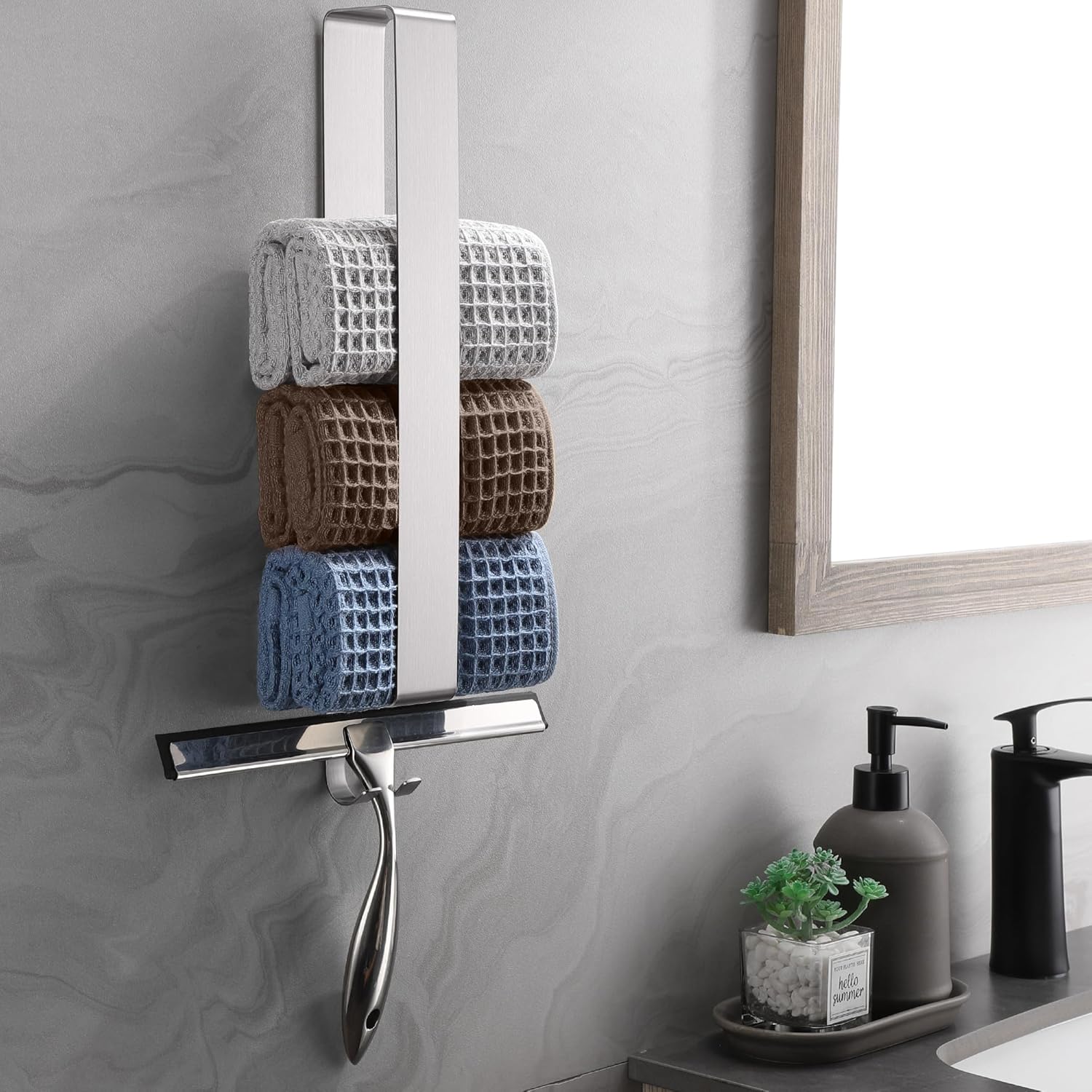 Porte-serviettes sans perçage - inox 304 brossé - argent - adhésif, crochets