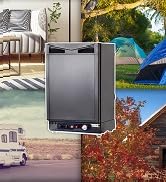 un collage de différents articles, dont un lave-vaisselle, une tente de camping et du matériel de camping.