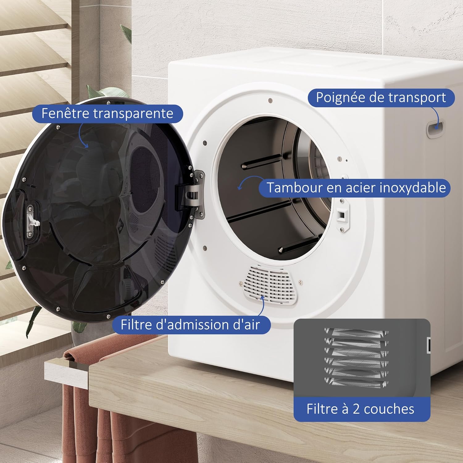 HOMCOM - sèche-linge portable 2,5kg - 850W, 4 modes, mural