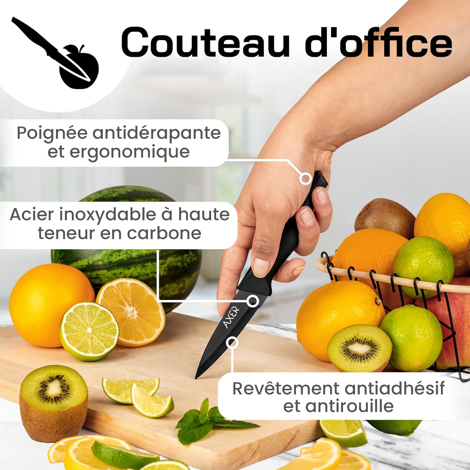 Axer - Couteau de cuisine professionnel - 9 cm - lame fruits et légumes, éplucheur, noir
