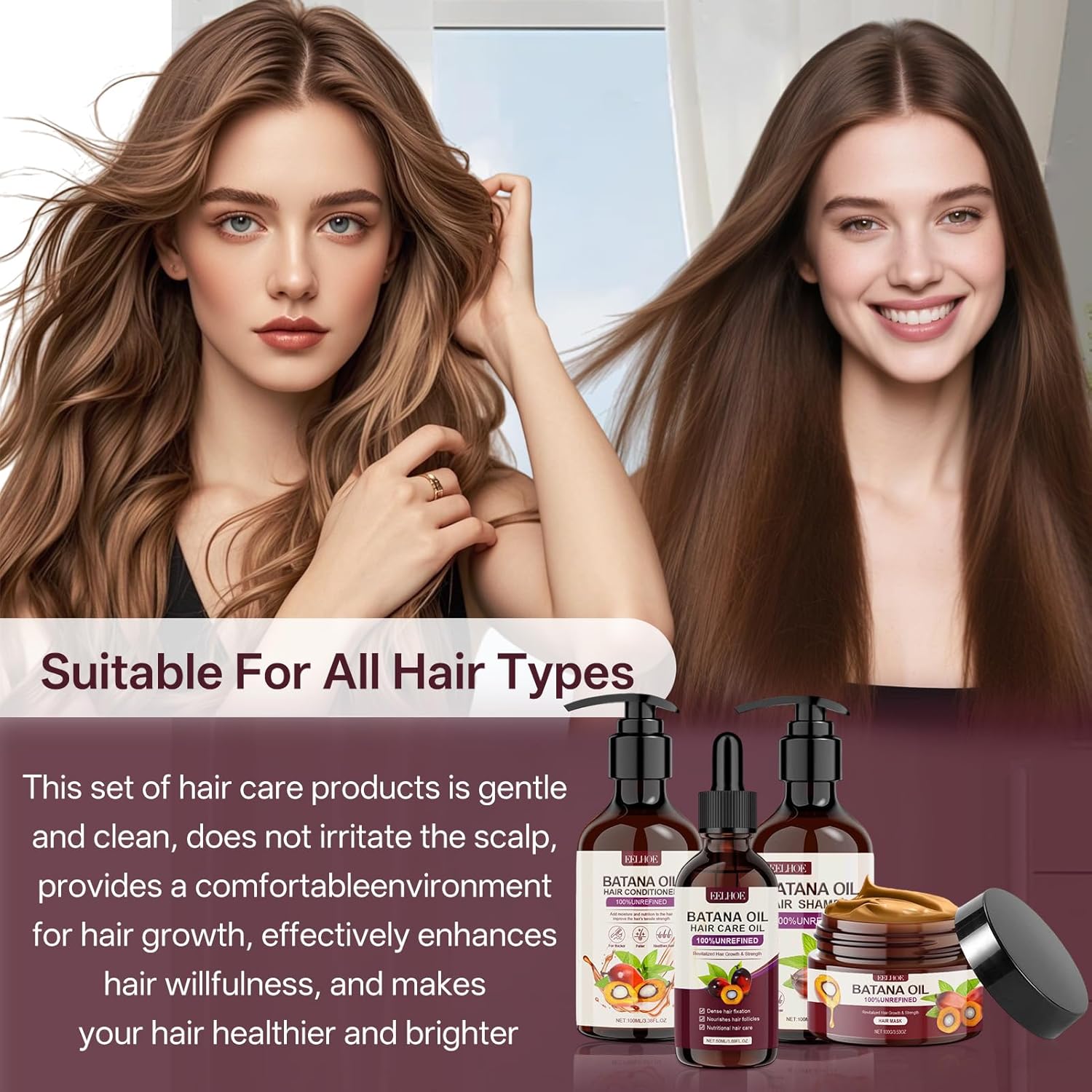 Traitement à l'huile pour cheveux - Coffret 4 pièces - Shampoing, après-shampooing, huile, crème - Soins croissance et h