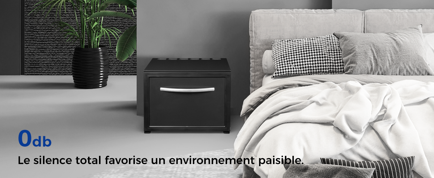 Le texte se lit comme suit : « Udb. Le silence total favorise un environnement paisible. » L'intérieur de la chambre présente un mobilier moderne avec des éléments contrastants sombres et clairs.