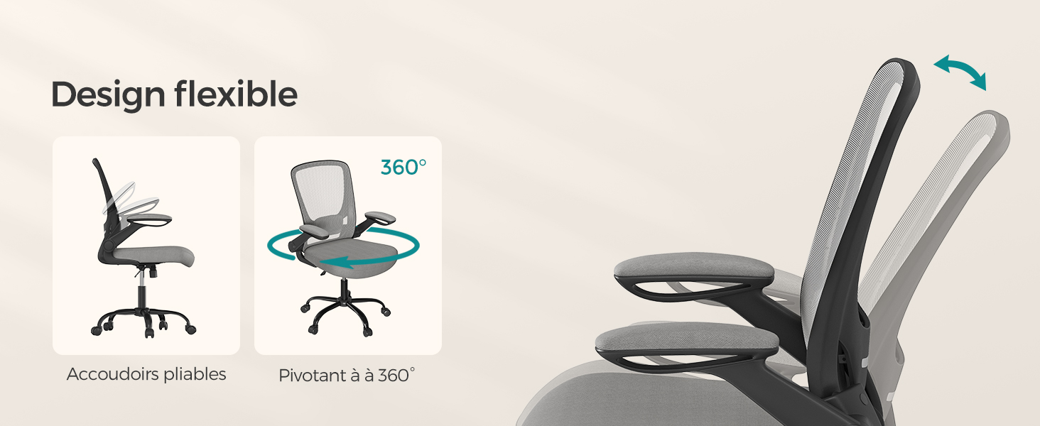 présentées : accoudoirs réglables, base pivotante à 360 degrés et dossier inclinable. Les angles multiples démontrent la flexibilité et le design ergonomique de la chaise.