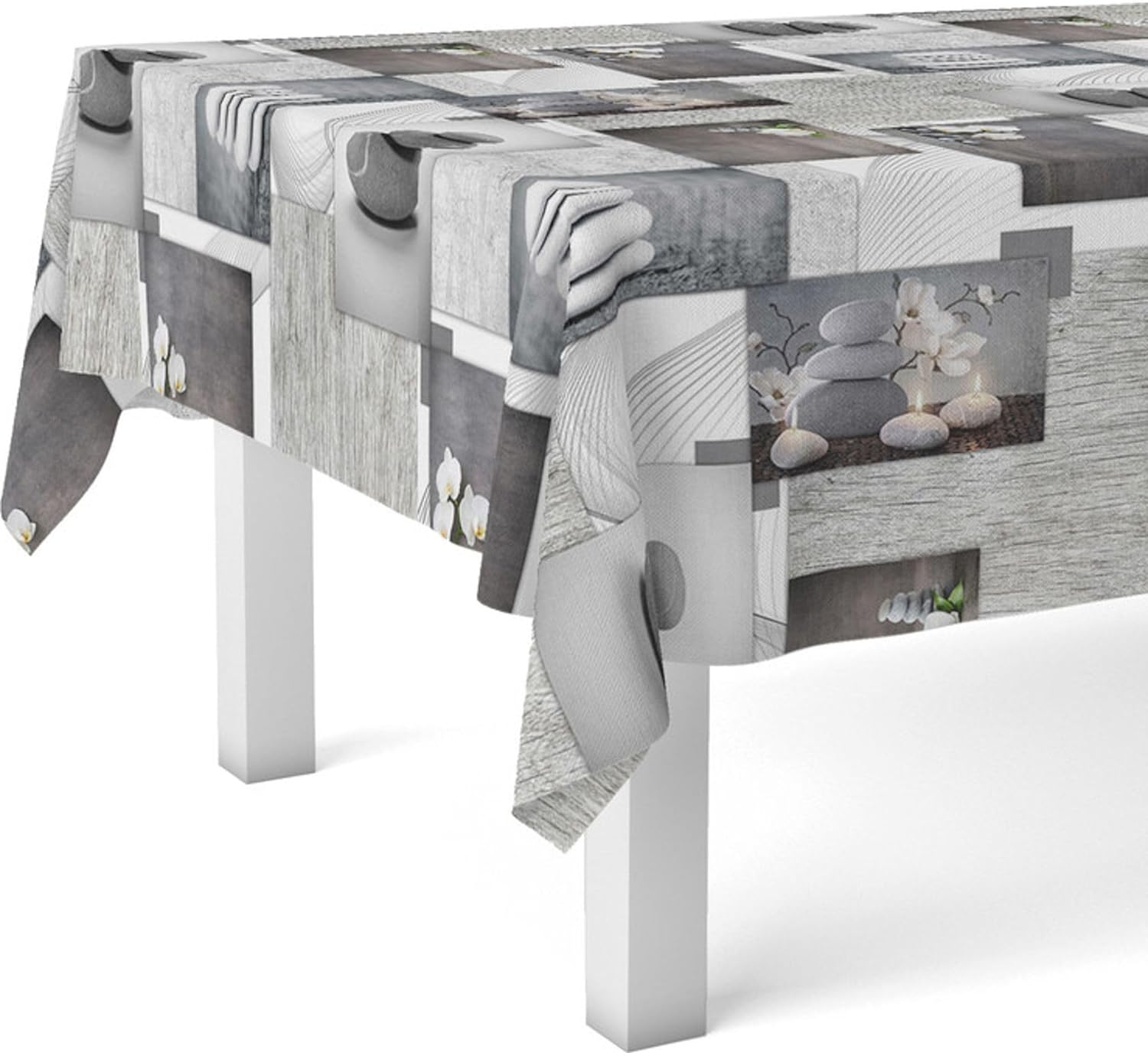 Nappe en toile cirée rectangulaire - Zen Pierres - 140x140 cm - anti-taches, imperméable, facile d'entretien