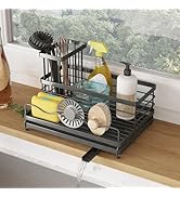 Série de photos de produits montrant un séchoir à vaisselle noir à plusieurs niveaux. Comprend des fentes pour assiettes, un porte-ustensiles et un égouttoir sur un plan de travail en bois avec des accessoires pour lave-vaisselle jaunes.