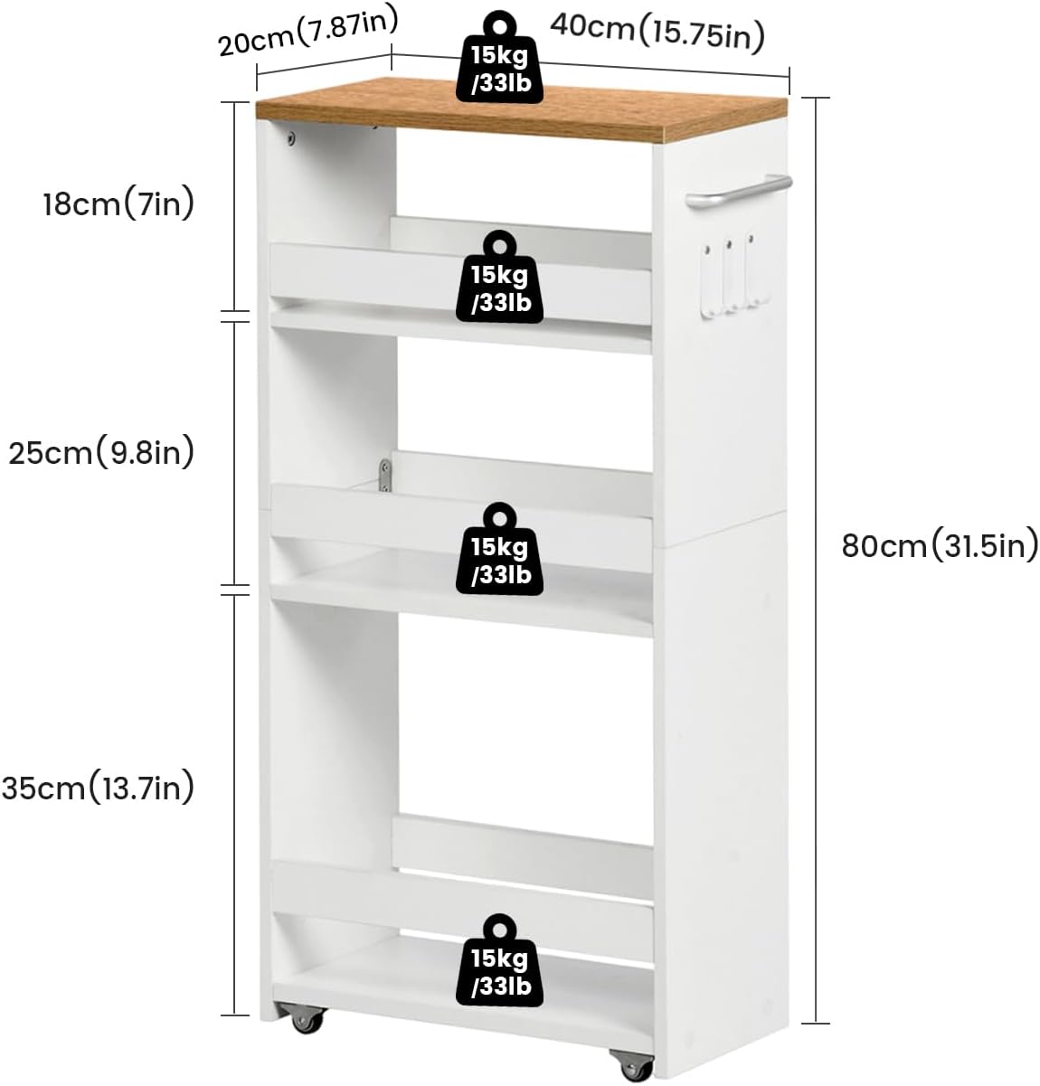 Chariot de rangement - étroit 20cm, 4 niveaux, roulettes, poignée, crochets