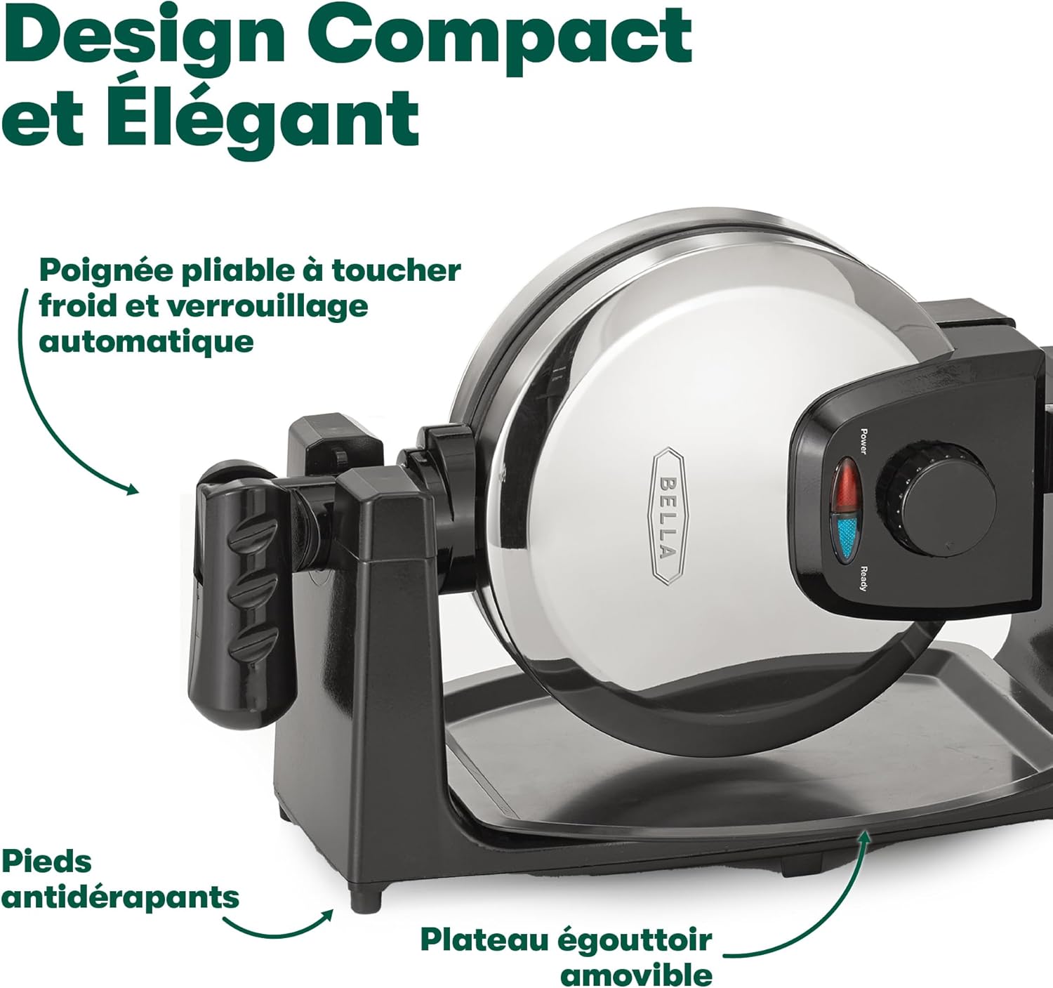 Bella - Gaufrier rotatif inox, plaques antiadhésives, réglage brunissage