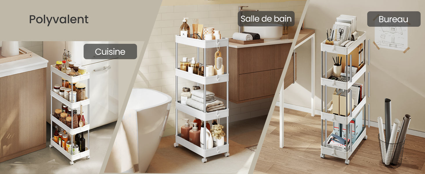 Le texte indique « Polyvalent », « Salle de bain », « Bureau », « Cuisine ». Plusieurs vues d'un chariot utilitaire roulant avec divers compartiments et étagères, présentées dans différents environnements de la pièce.