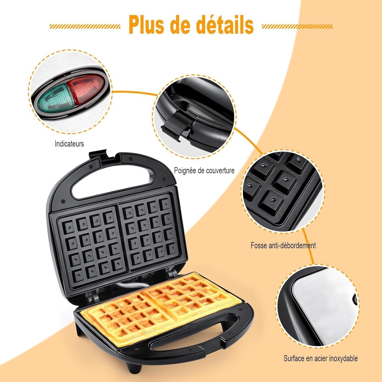YASHE - Gaufrier 750W - 2 gaufres, plaques antiadhésives, thermostat auto