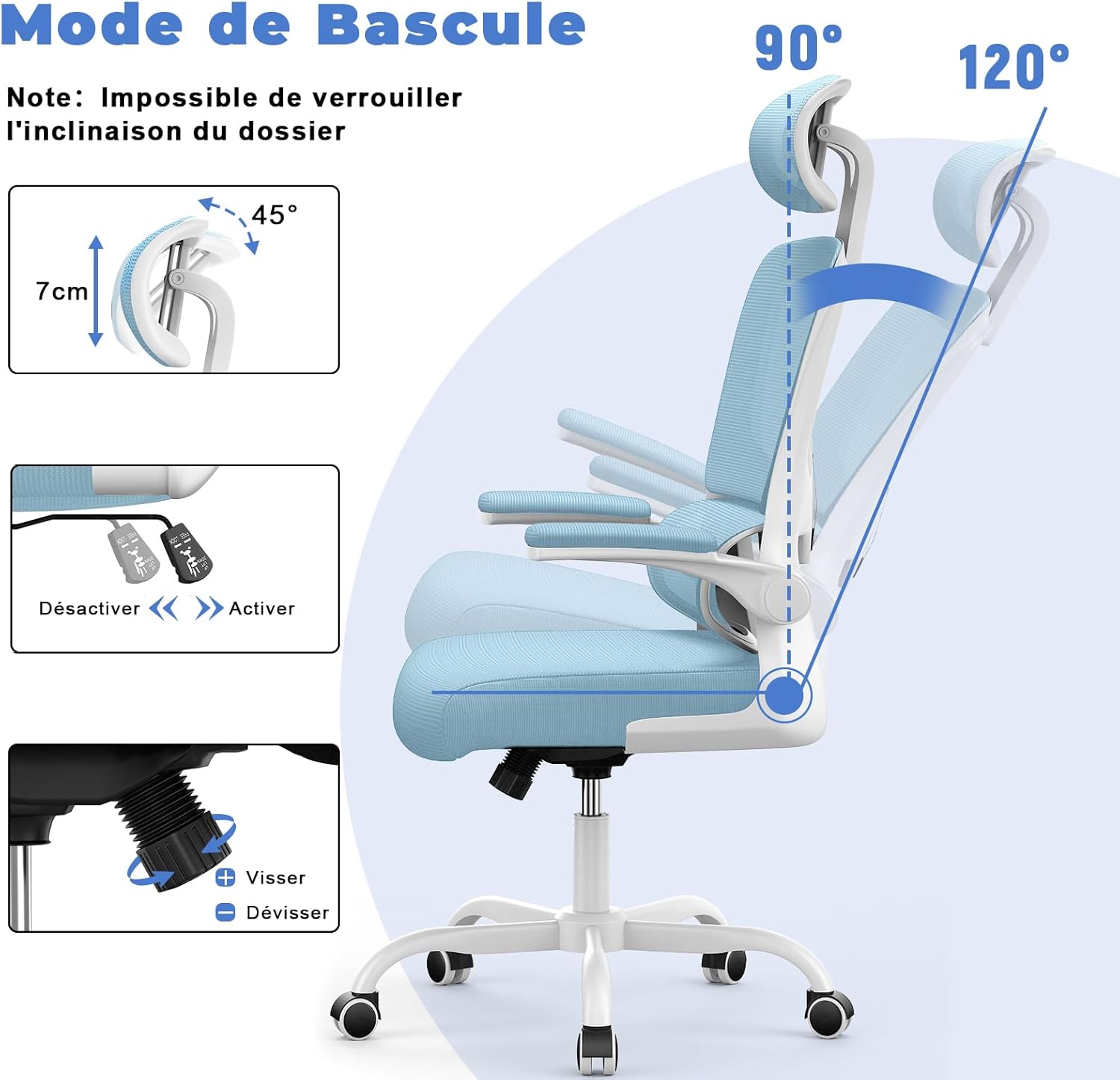 Chaise de bureau ergonomique - dossier, appui-tête réglables - soutien lombaire, accoudoirs pivotants, maille respirante