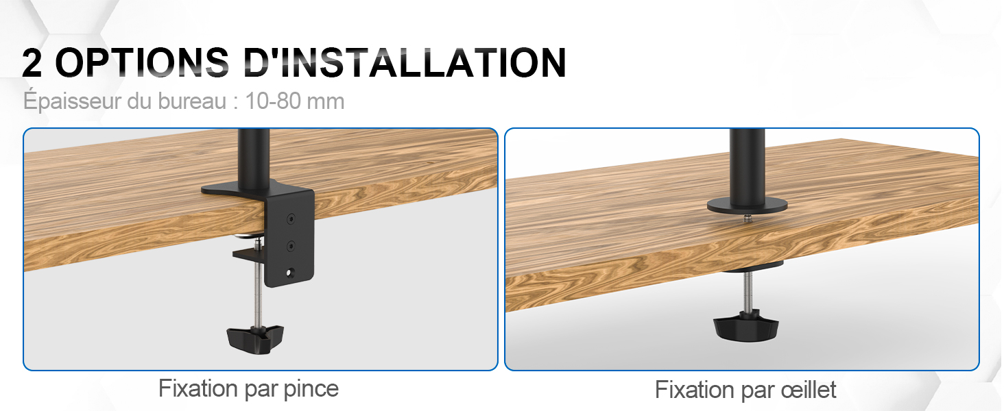 Le texte se lit comme suit : « 2 OPTIONS D'INSTALLATION ». Schéma d'installation montrant deux méthodes de montage : « Fixation par pince » et « Fixation par œillet » pour l'installation du matériel.