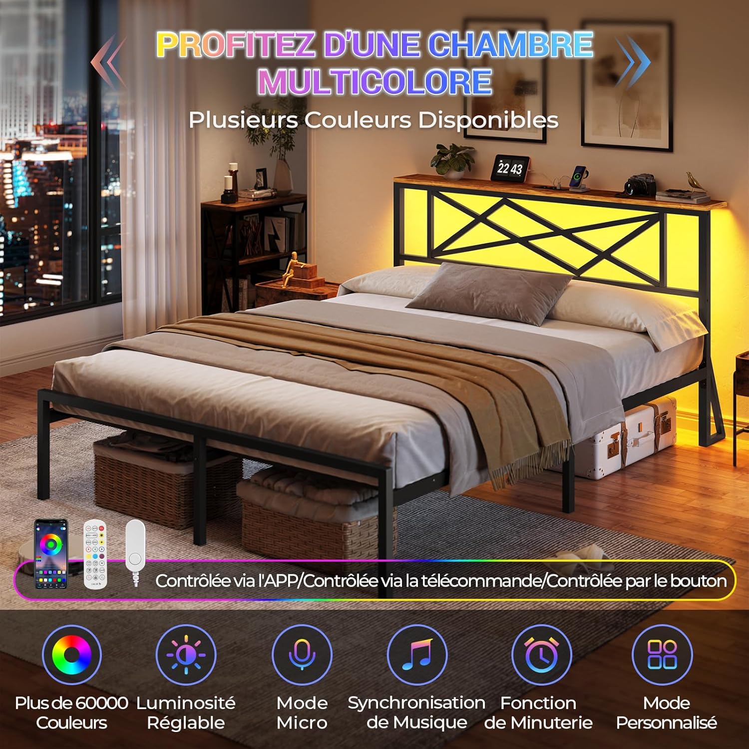 DICTAC - lit double métal LED, 140x190 cm, USB, rangement, vintage