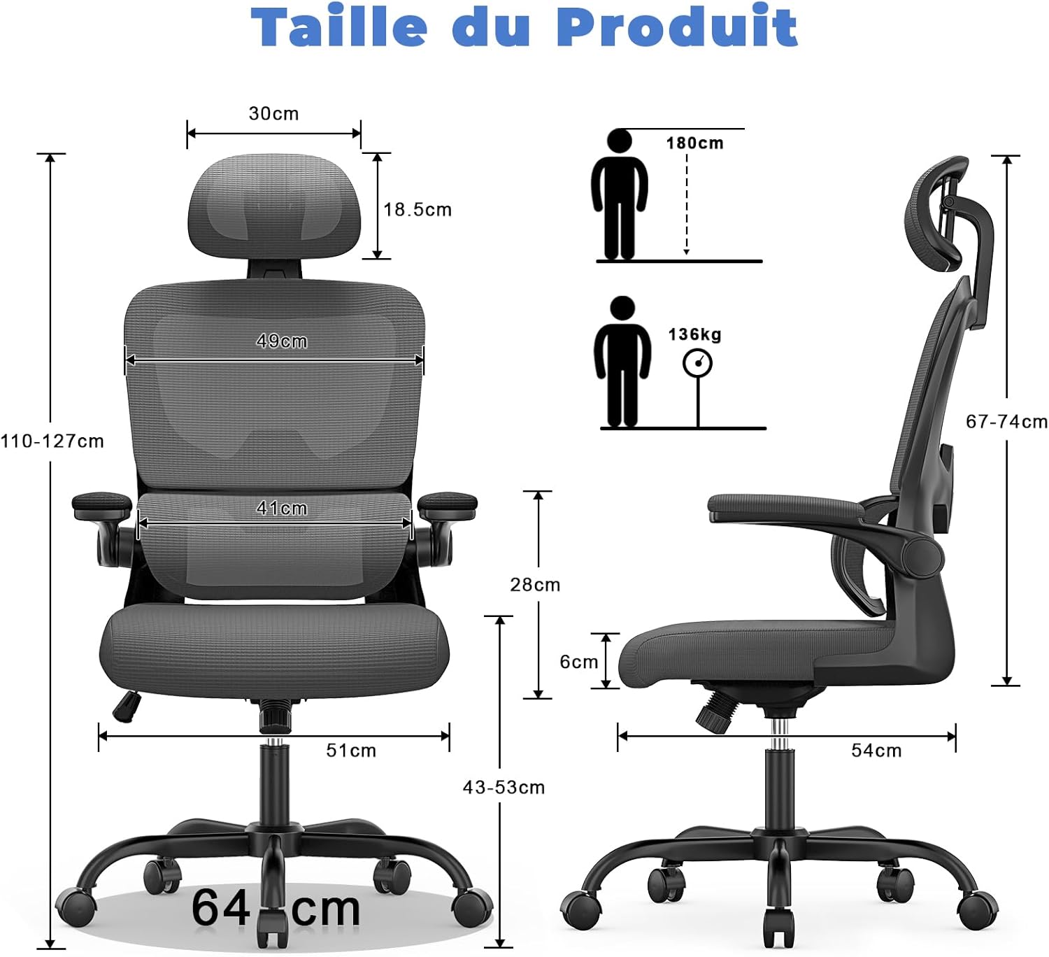 Chaise de bureau ergonomique - support lombaire - dossier et appui-tête réglables, accoudoirs réversibles, assise maille