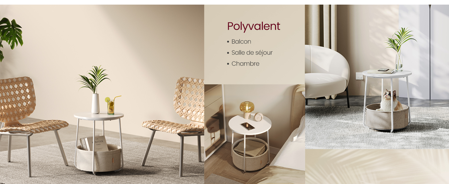 comprenant des chaises tissées beiges, des tables d'appoint rondes et un décor minimaliste avec des plantes sur des murs neutres.