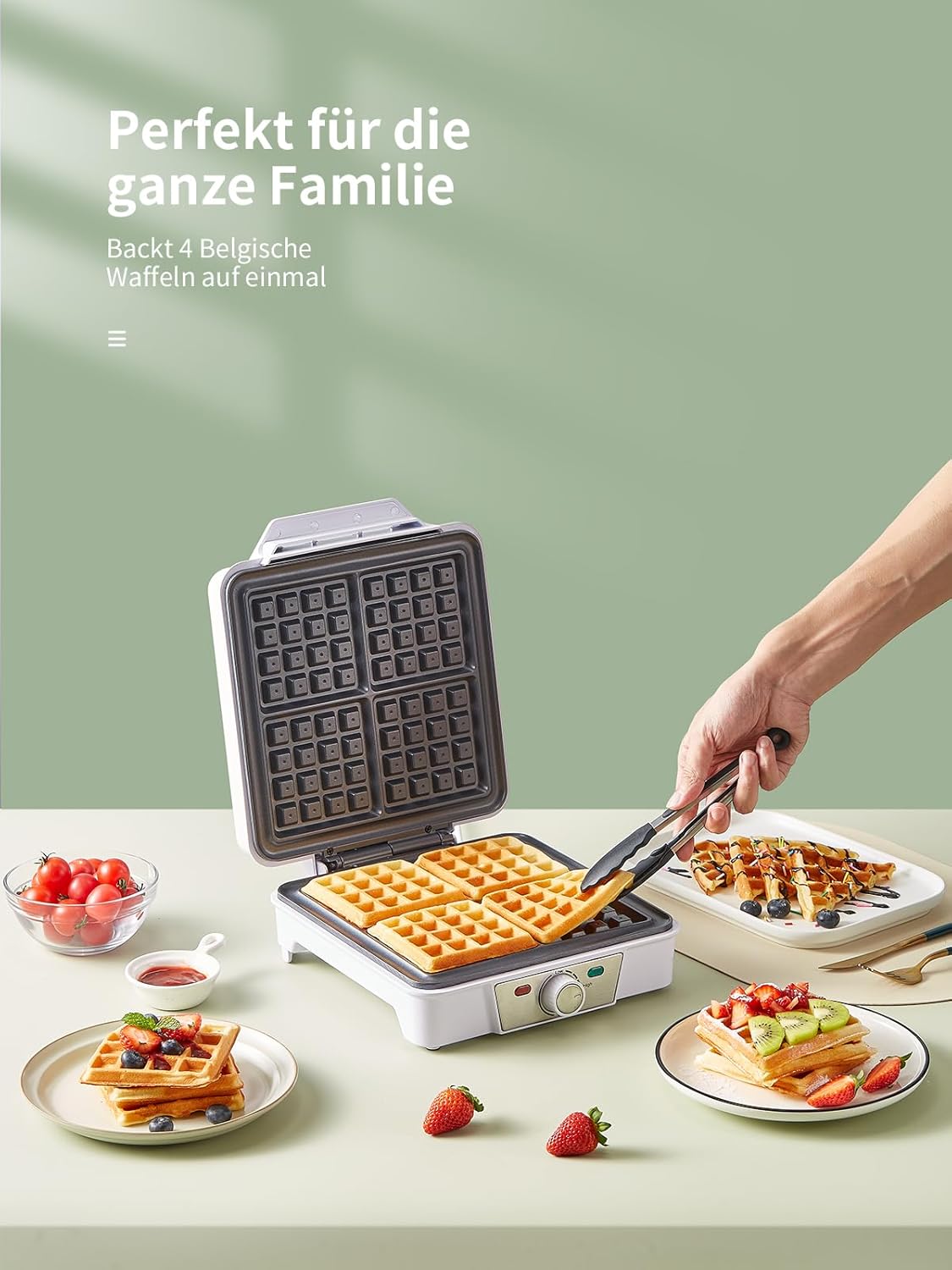 Gaufrier électrique 4 plaques, 1200W, 5 niveaux, antiadhésif, blanc