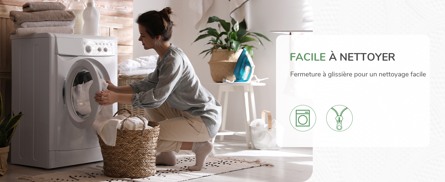 Le texte indique « FACILE À NETTOYER ». Scène montrant l'aménagement d'une buanderie avec une laveuse et des plantes d'intérieur.