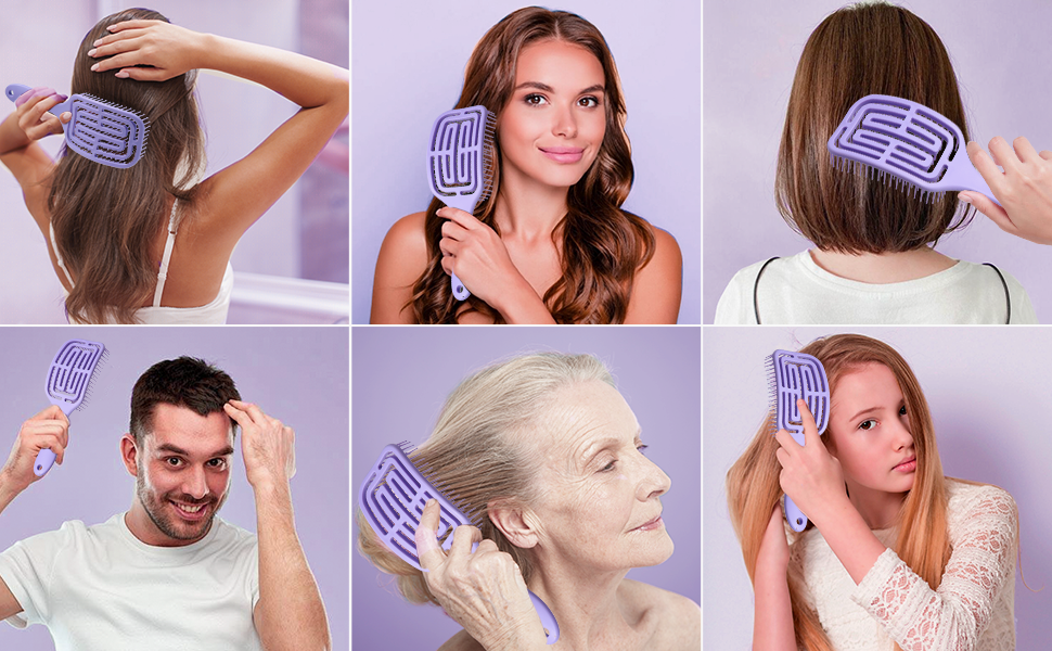 Série d'images de démonstration montrant l'utilisation d'un appareil de soin capillaire portatif avec un fond teinté de violet. L'appareil semble être un outil de toilettage ou de coiffage.