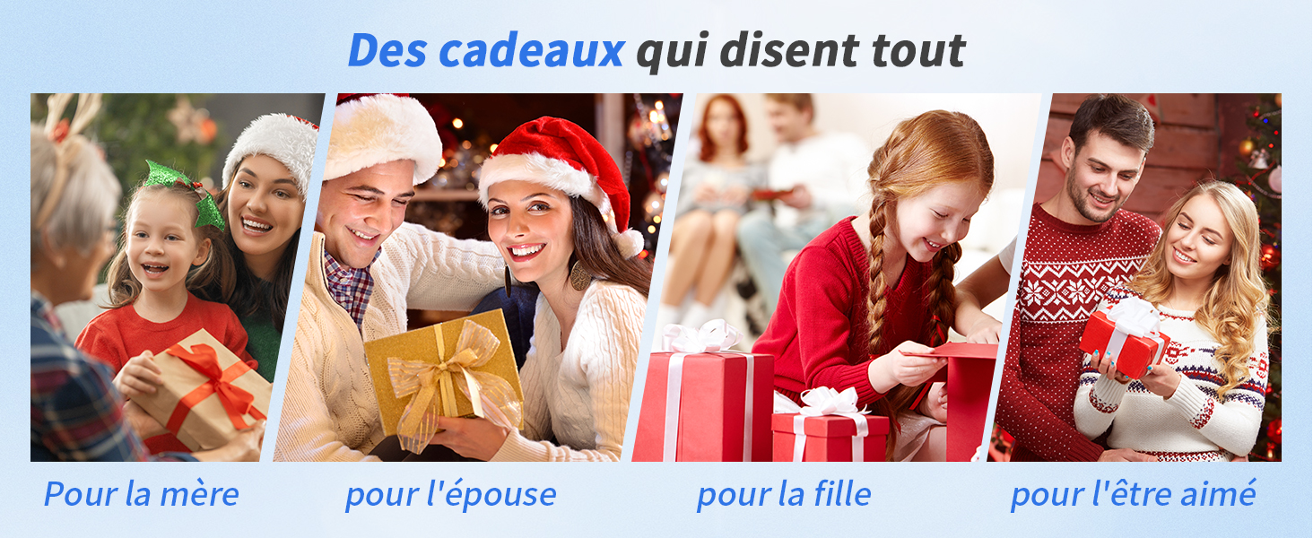 Collage de quatre scènes de cadeaux des Fêtes : un enfant avec une femme, un couple, un parent et sa fille, et un couple avec des tasses. Le texte en français indique les destinataires des cadeaux.
